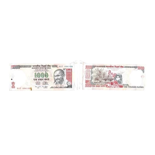 1000 Rupees, 2006, Gandhi series, Error, Extra paper at top and Corners right side, Serial no.: 6AT
