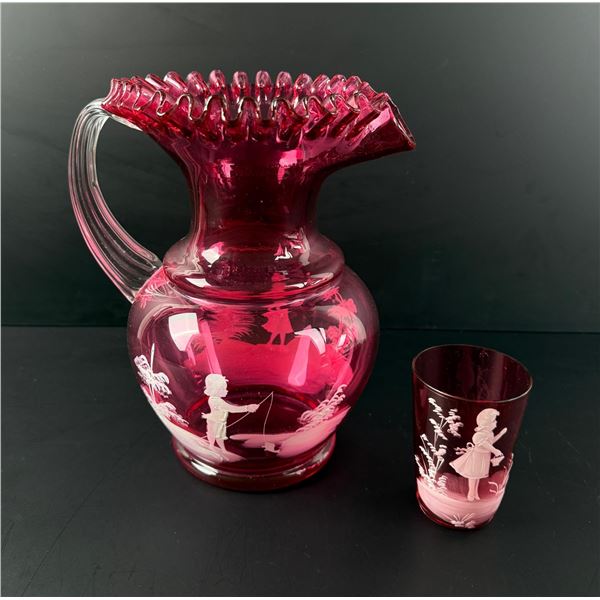Mary Gregory Cranberry Pink Pitcher and Cup