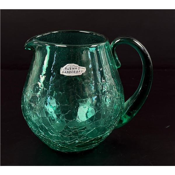 Blenko Art Glass Forest Green Crackle Pitcher