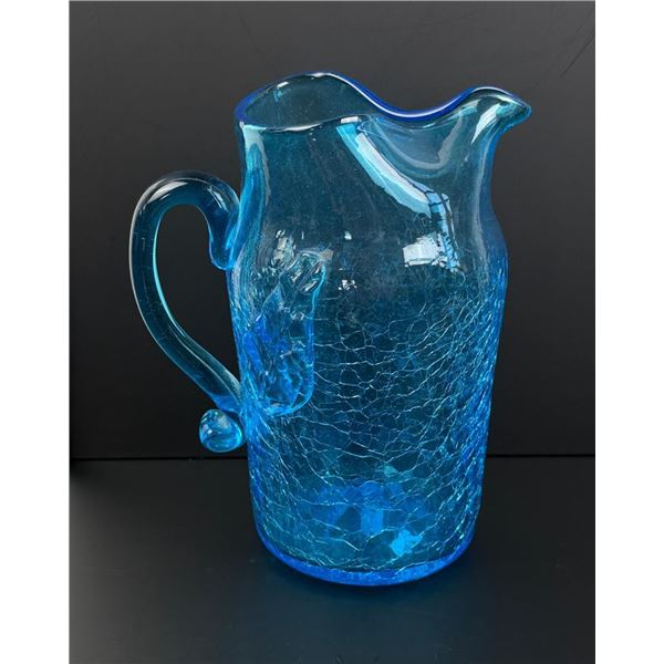 Blenko Art Glass Blue Crackle Pitcher