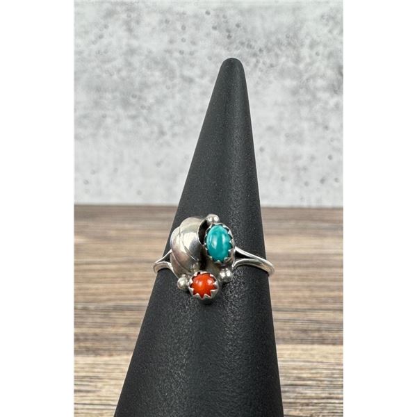 Navajo Sterling Silver Turquoise Coral Ring