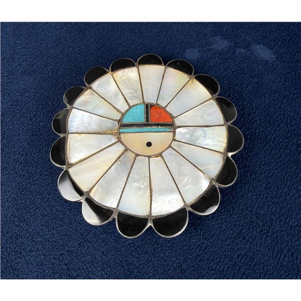 Zuni Inlaid Sterling Silver Sunface Belt Buckle