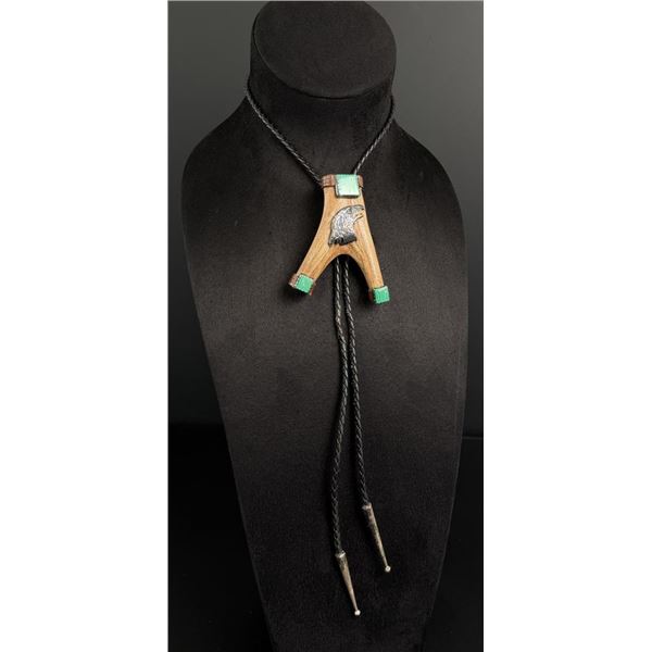 Navajo Antler Malachite Eagle Bolo Tie