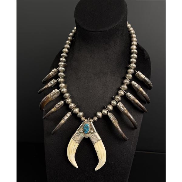 Navajo Sterling Bear Claw Squash Blossom Necklace