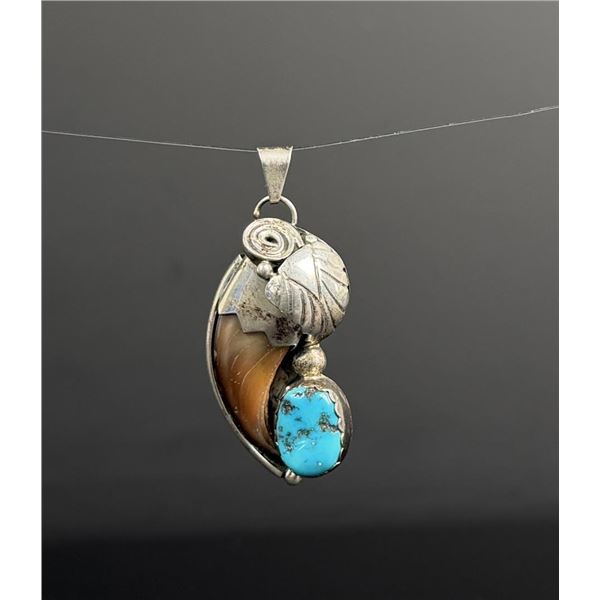 Navajo Sterling Silver Turquoise Bear Claw Pendant