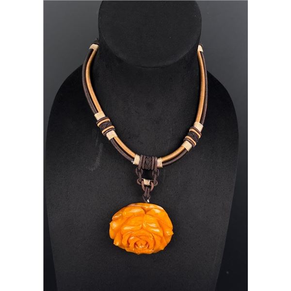Carved Baltic Amber Rose Leaf Flower Necklace