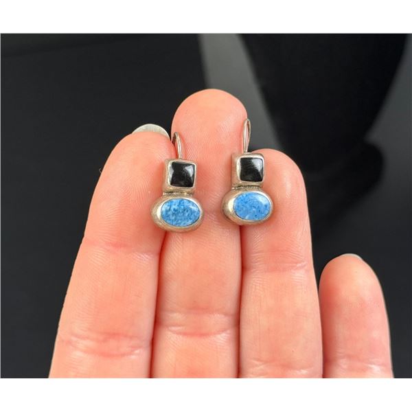 Taxco Sterling Denim Lapis Onyx Earrings