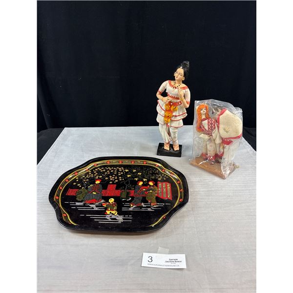 Lot of Vintage Asian Figurines and a Serving Tray