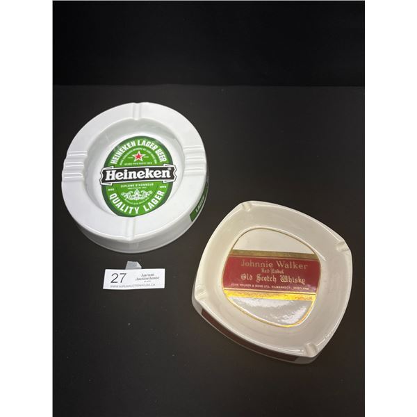 2 Vintage Porcelain Bar Ashtrays Heineken and Johnnie Walker