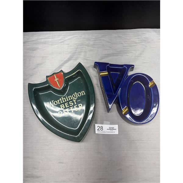 2 Vintage Porcelain Bar Ashtrays Worthington Best Bitter & Seagram's VO Canadian