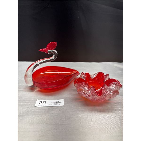 2 Vintage Nurano Red Glass Swan and Ruffeled Bowl