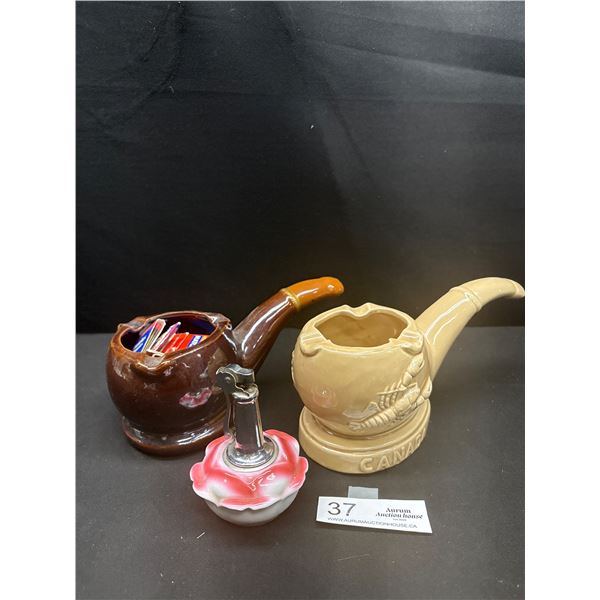 2 Ceramic Pipe Ash Tray/Holders Plus Mid Century Lighter and Collectible Matches