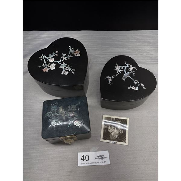 Lot of 3 Black Lacquer Jewelry Boxesplus Black and White Photo