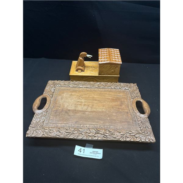 Vintage Wooden Bird Toothpick Holder and Nicely Carved Wooden Tray