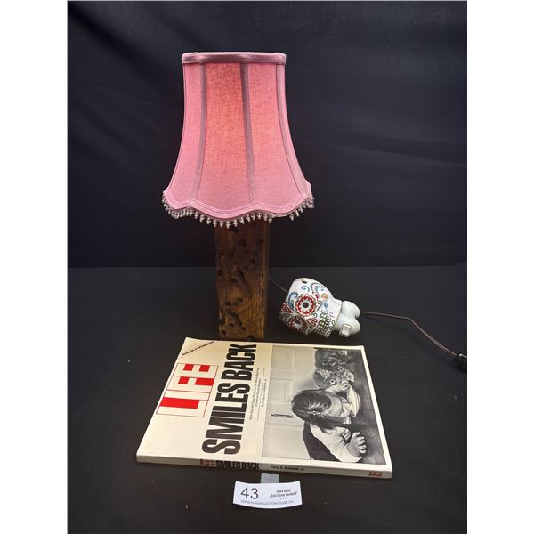 Vintage Wooden Fence Post Lamp and Shade and Skull Wall Inscent Burner and Life Smiles Back Book