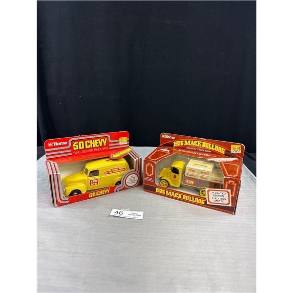2 New Limited Edition Home Hardware Diecast Truck Still in Box 50 Chevy 7 1926 Mack Bulldog