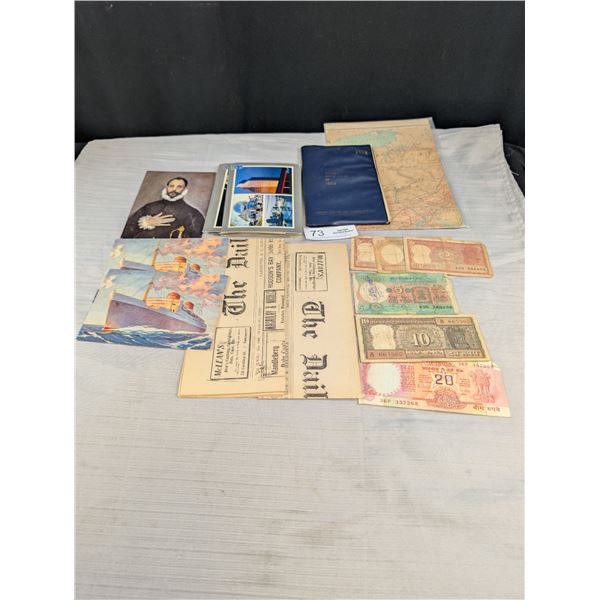 Vintage Collectable Travel Lot World Money, Postcards, Maps, and Reprints of the Daily Times 1899 Vi