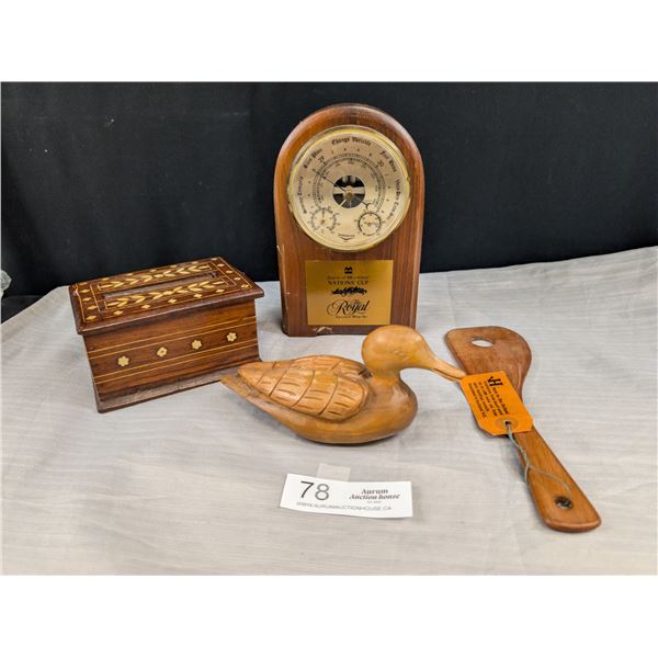 Vintage Wooden Cigarette Box, Duck Carving, Thermometer Etc