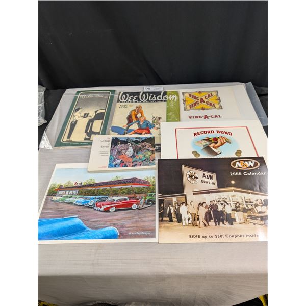 Collectible Lot of Tobacco Labels, A&W Calendars, Artwork, etc