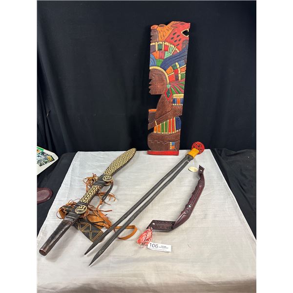 Vintage Collectible African Art Lot Wooden Carvings, Sword etc