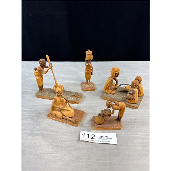 Lot of 5 Hand Carved African Figurines of People Working Great Detail