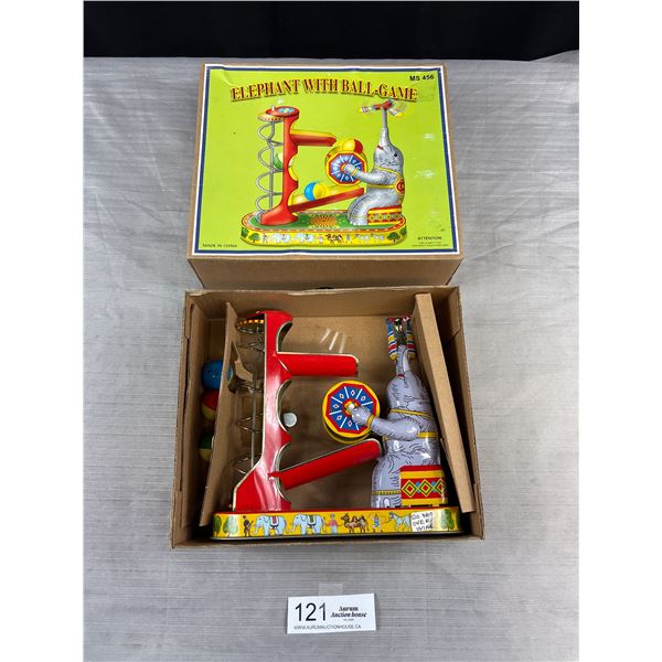 Vintage Elephant With Ball-Game Tin Toy with Original Box