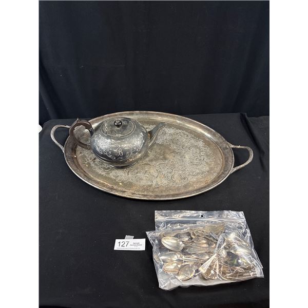A Nice Collectible Lot of Vintage Silver Plated Items Serving Platter.Kettle. Cutlery