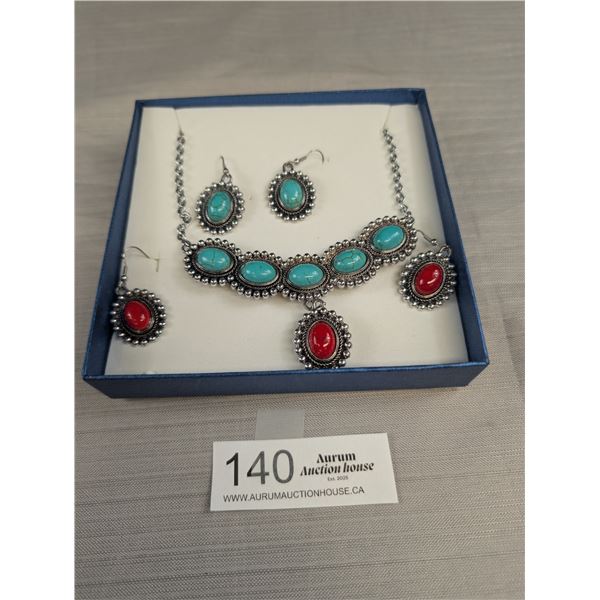 Vintage Double Sided Necklace Set. Coral + Turquoise Beauty!