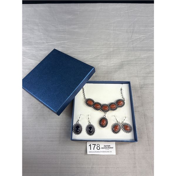 New Vintage Genuine Goldstone + Onyx Necklace Earrings Set Double Sided