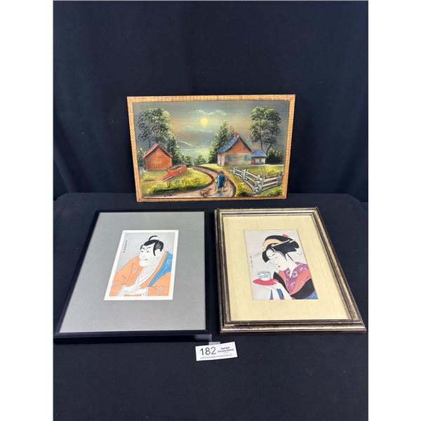 2 Asian Framed Art Prints Plus Carving and Painting on Board Signed