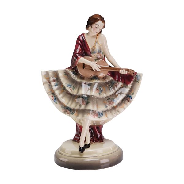 Josef Lorenzl  for Goldscheider Porcelain Sculptural Lamp Base, Woman with Guitar