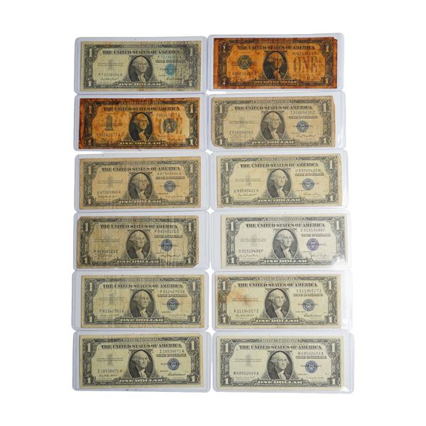 Twelve 1928 - 1957 US One Dollar Silver Certificate Bills