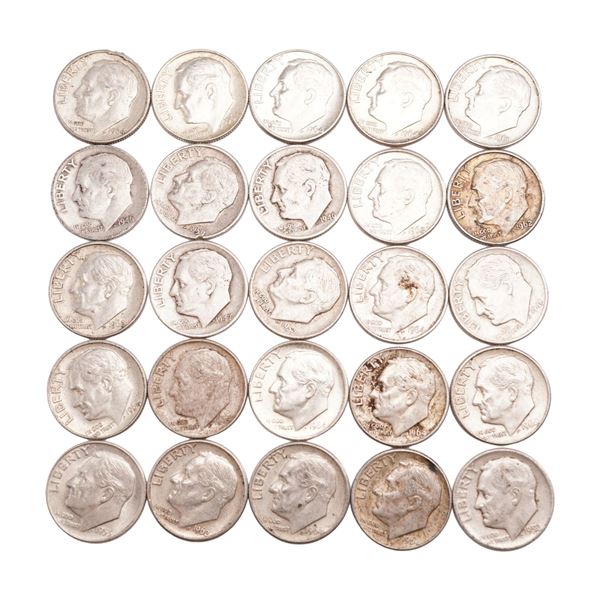 Lot of 25 Loose Roosevelt 90% Silver Dimes, Circulated