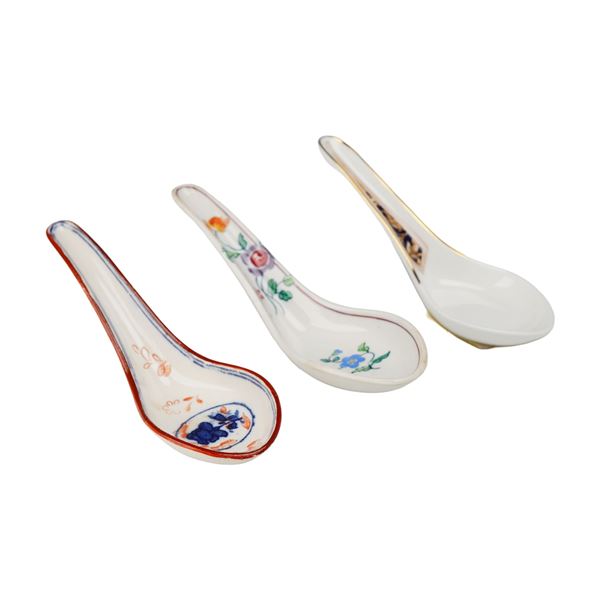 Three Wedgwood Porcelain Soup Spoons with Colorful Floral Accents