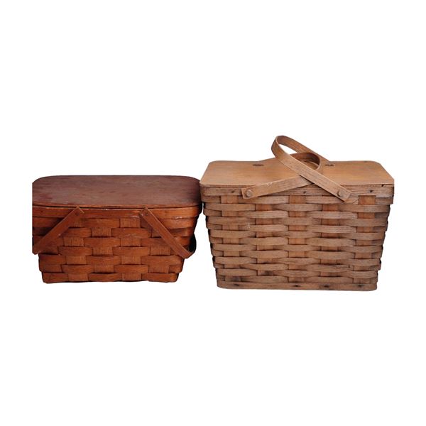Pair of Vintage Woven Picnic Baskets, One with Plastic Serviceware