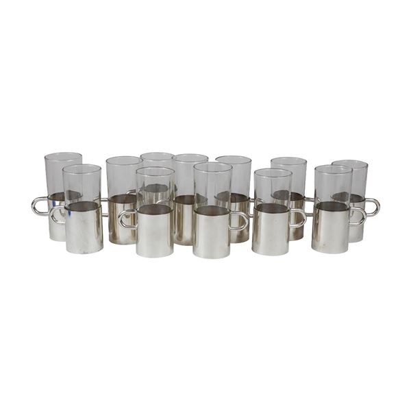 12pc Mid-Century Modern Silver-Plated Sleeves with Glass Cup Inserts