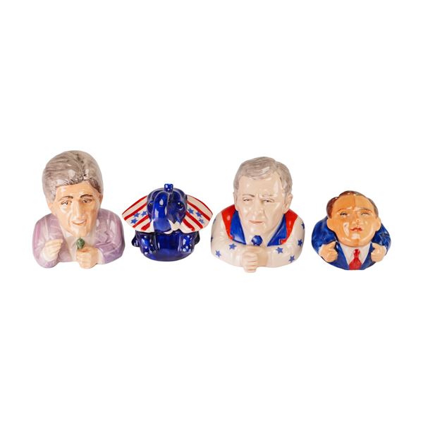 4pc Kevin Francis Ceramics Political Satire Face Pots, Split Decision, Prototype Kennedy, Bush, and 