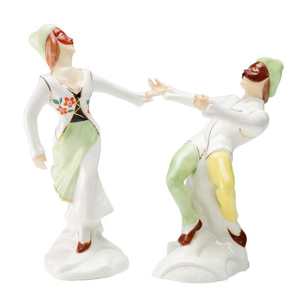 Pair of Michael Sutty Porcelain Figurines, Harlequin and Columbine