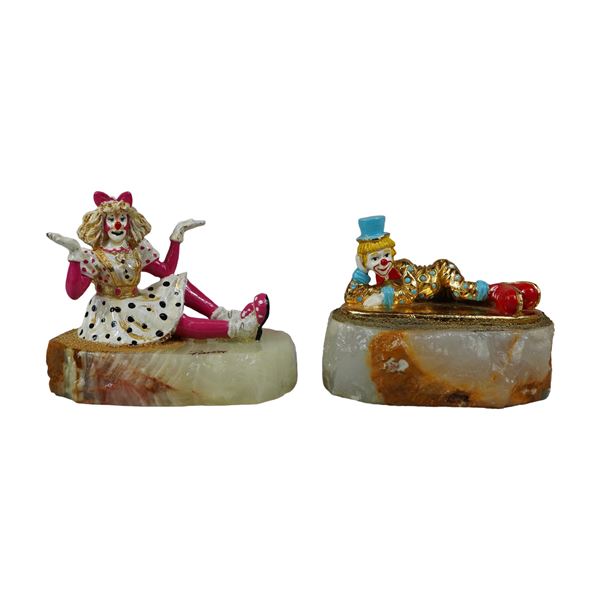 2pc Ron Lee Gilded Metal and Onyx Clown Sculptures
