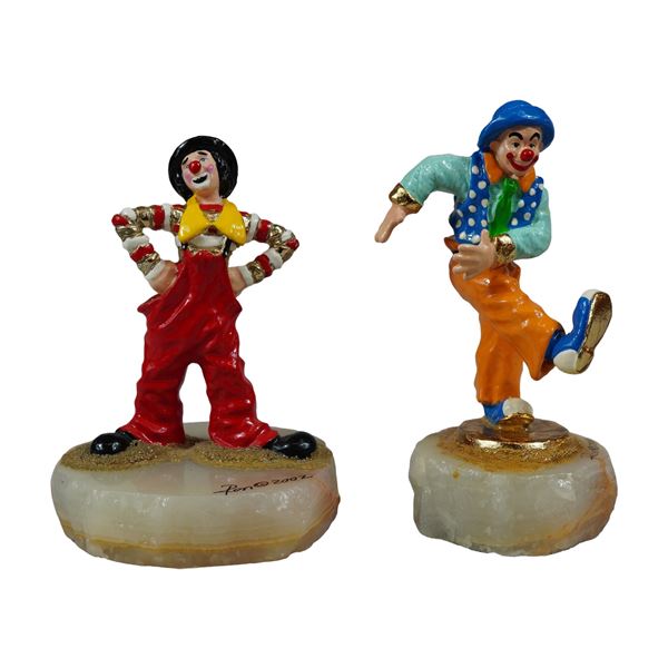 2pc Ron Lee Signed Onyx Base Clown Sculptures
