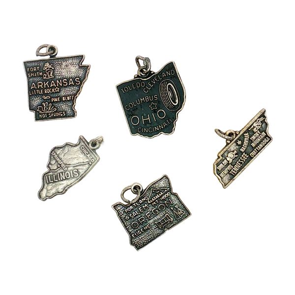 5pc Sterling Silver and Silver-Plated U.S. States Souvenir Charms