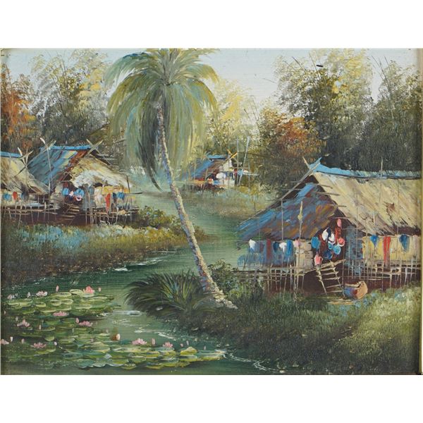 Oil on Board Painting, Thai Riverside Village Scene in Wood Frame