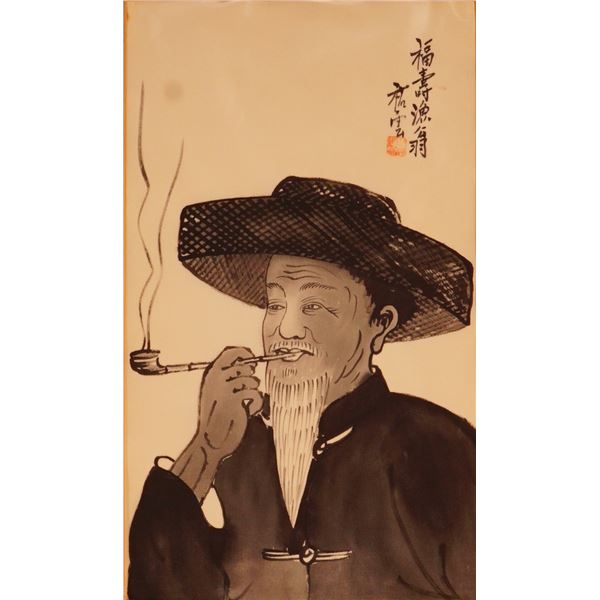 Traditional Asian Ink Painting on Silk, Elderly Man with Pipe