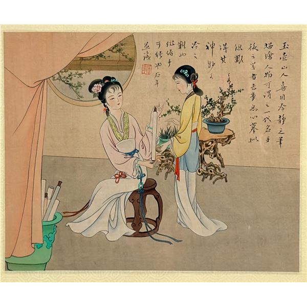 Chinese Print Depicting Two Women in Traditional Clothing