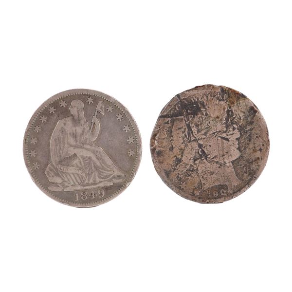Lot of 2 U.S. 1849 Seated Liberty & 1904 Barber 90% Silver Half Dollars, Circulated