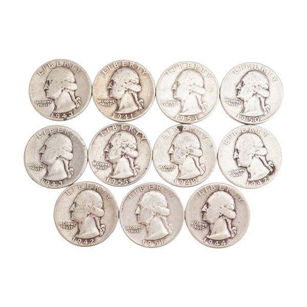 Lot of 11 U.S. Washington Silver Quarter 90% Silver Coin, Circulated