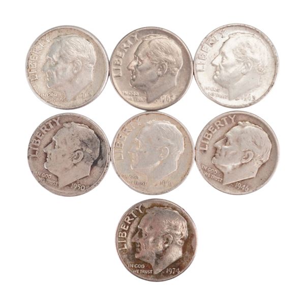 Lot of 7 U.S. Roosevelt Silver Dimes 90% Silver, Circulated