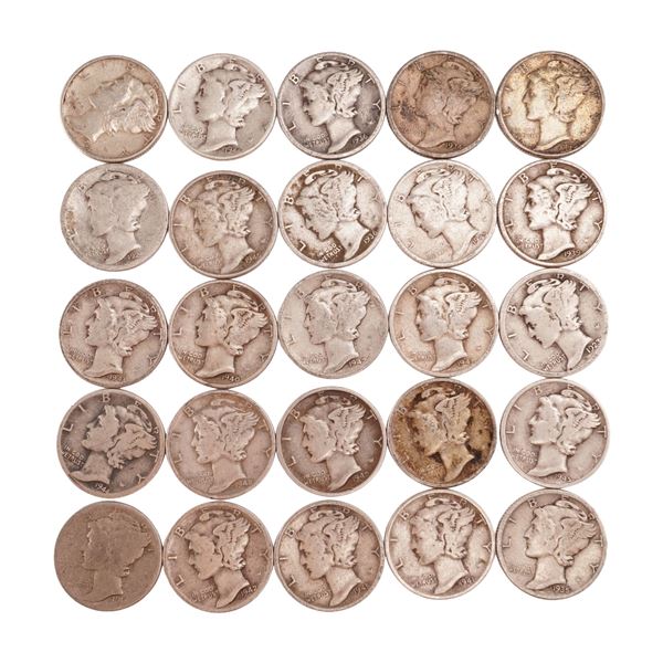 Lot of 25 Loose Mercury 90% Silver Dimes, Circulated