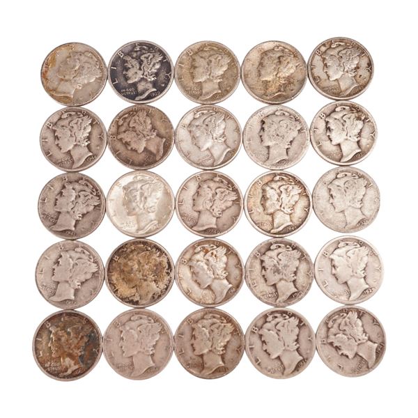 Lot of 25 Loose Mercury 90% Silver Dimes, Circulated