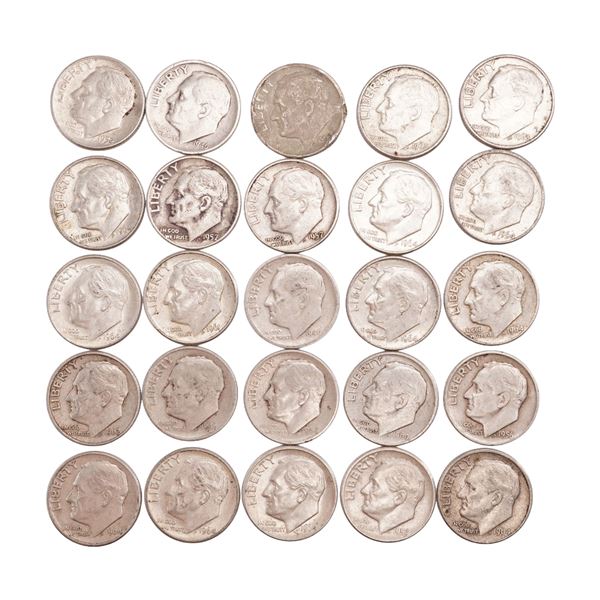 Lot of 25 Loose Roosevelt 90% Silver Dimes, Circulated
